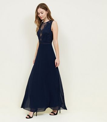 Navy Lace and Chiffon Maxi Dress | New Look